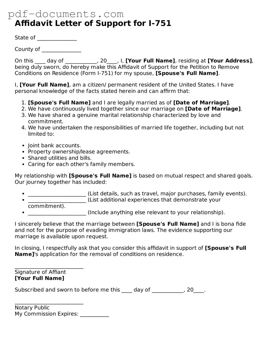 Printable Affidavit Letter of Support for I-751 Form