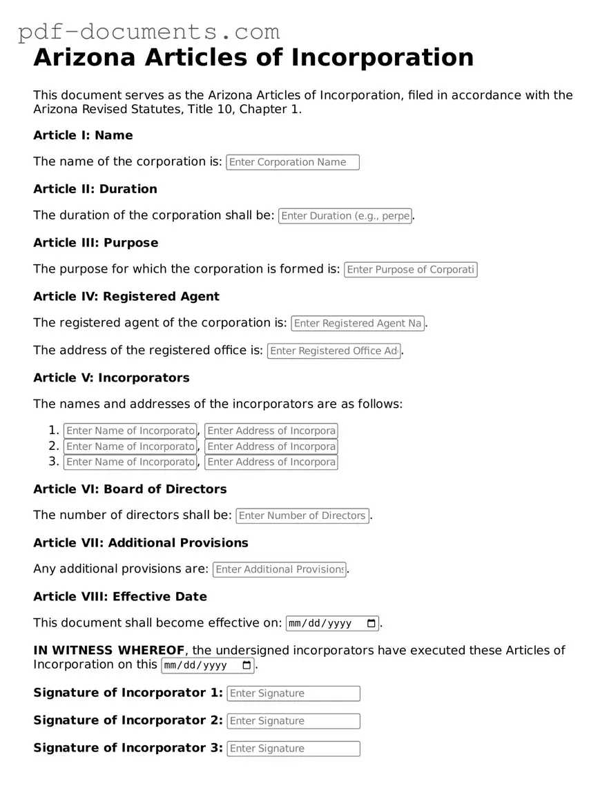 Legal Articles of Incorporation Template for the State of Arizona