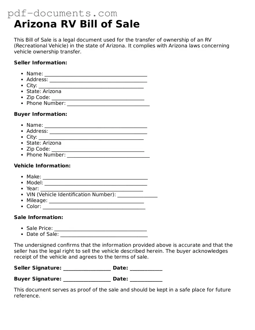 Legal RV Bill of Sale Template for the State of Arizona