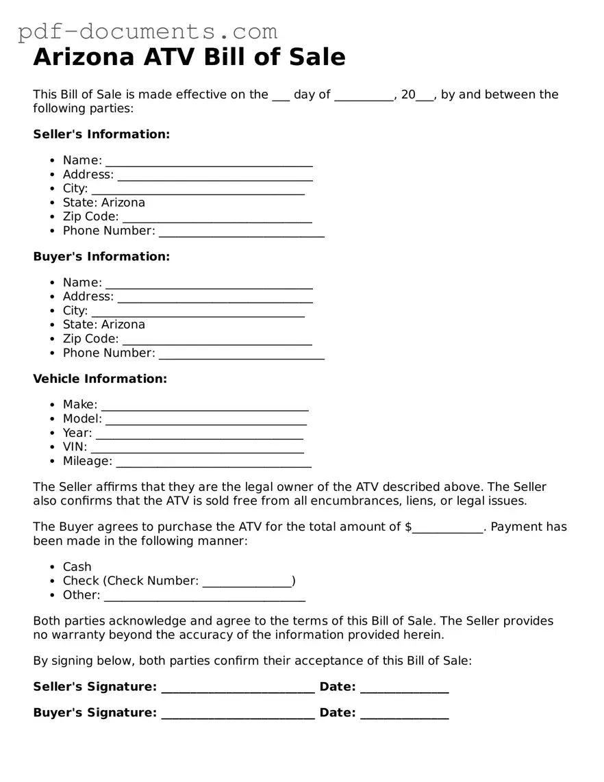 Legal ATV Bill of Sale Template for the State of Arizona