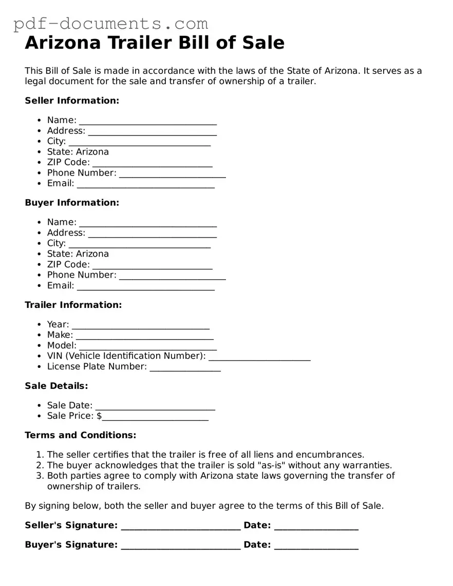Legal Trailer Bill of Sale Template for the State of Arizona
