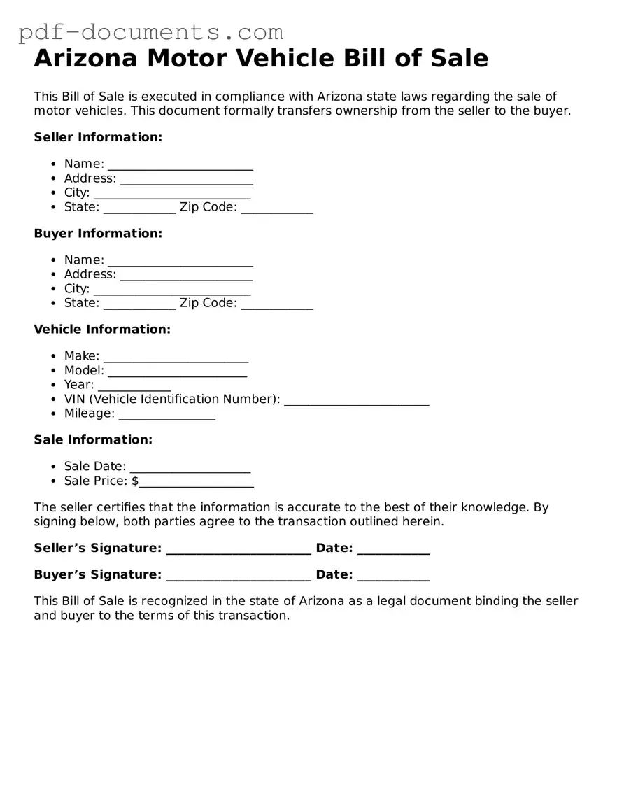 Legal Motor Vehicle Bill of Sale Template for the State of Arizona