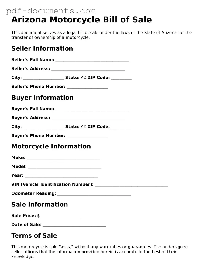 Legal Motorcycle Bill of Sale Template for the State of Arizona