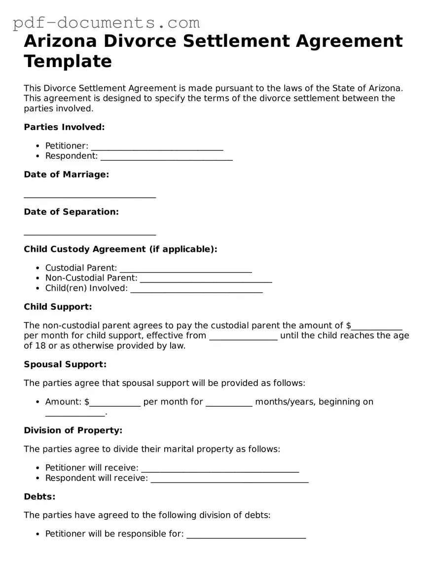 Legal Divorce Settlement Agreement Template for the State of Arizona