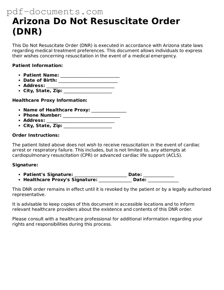 Legal Do Not Resuscitate Order Template for the State of Arizona