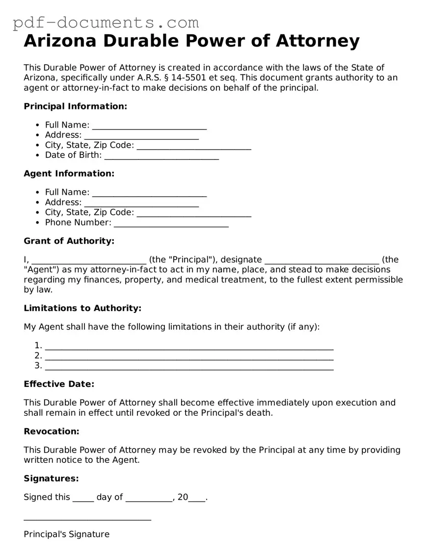 Legal Durable Power of Attorney Template for the State of Arizona