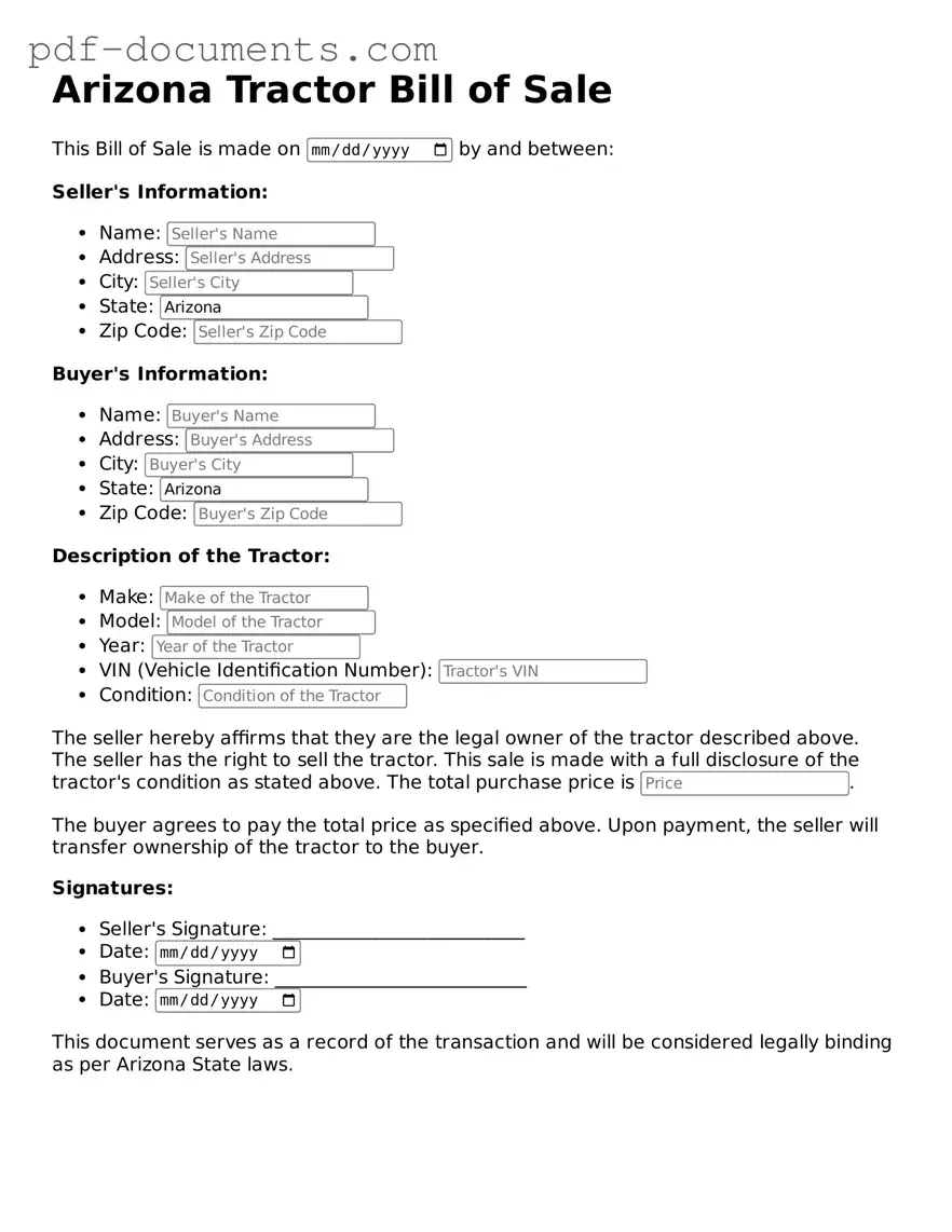 Legal Tractor Bill of Sale Template for the State of Arizona
