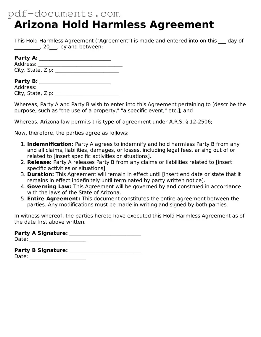 Legal Hold Harmless Agreement Template for the State of Arizona