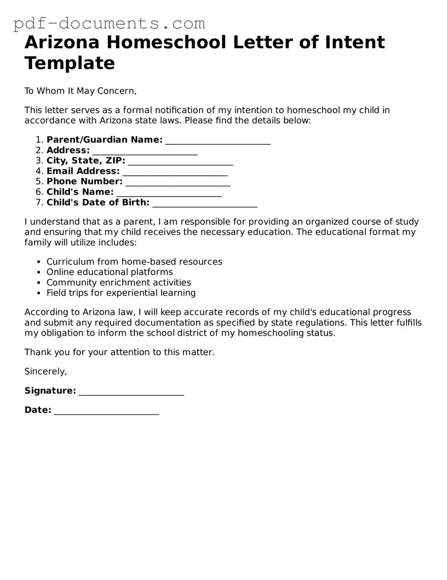 Legal Homeschool Letter of Intent Template for the State of Arizona