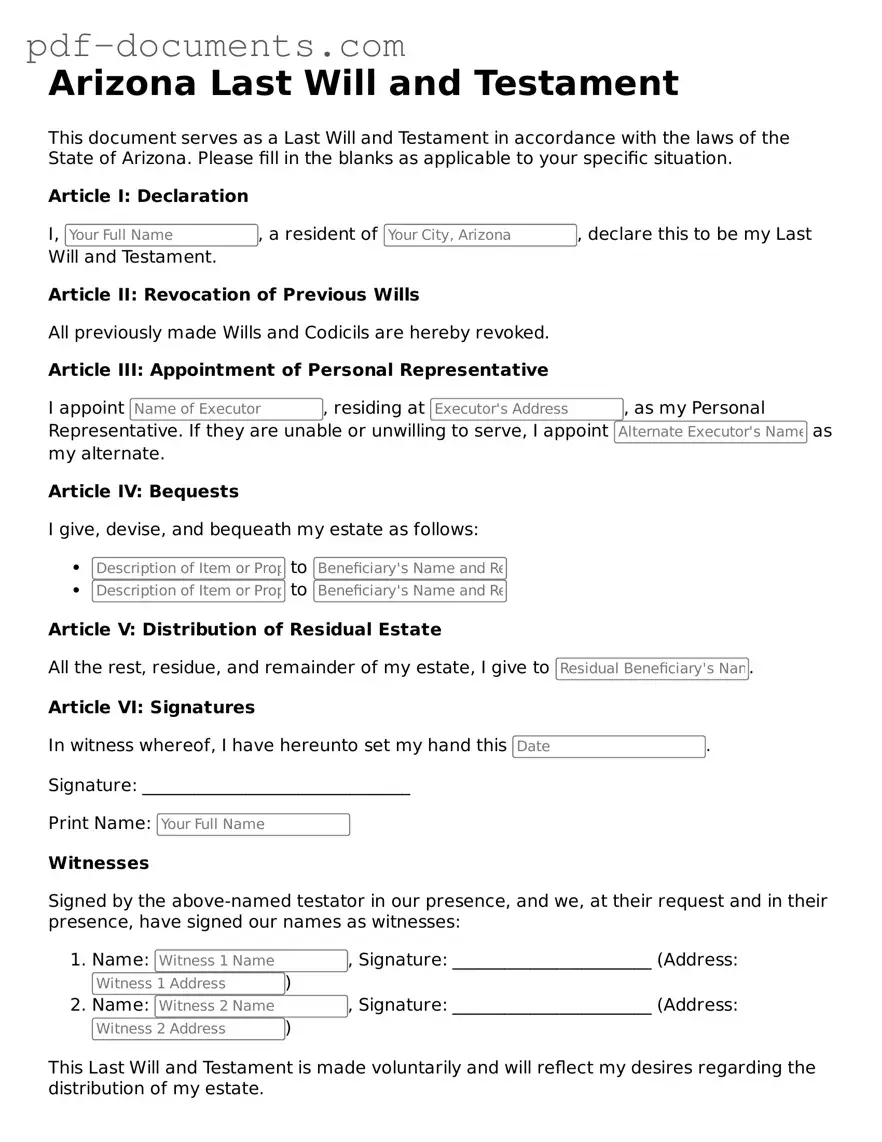 Legal Last Will and Testament Template for the State of Arizona