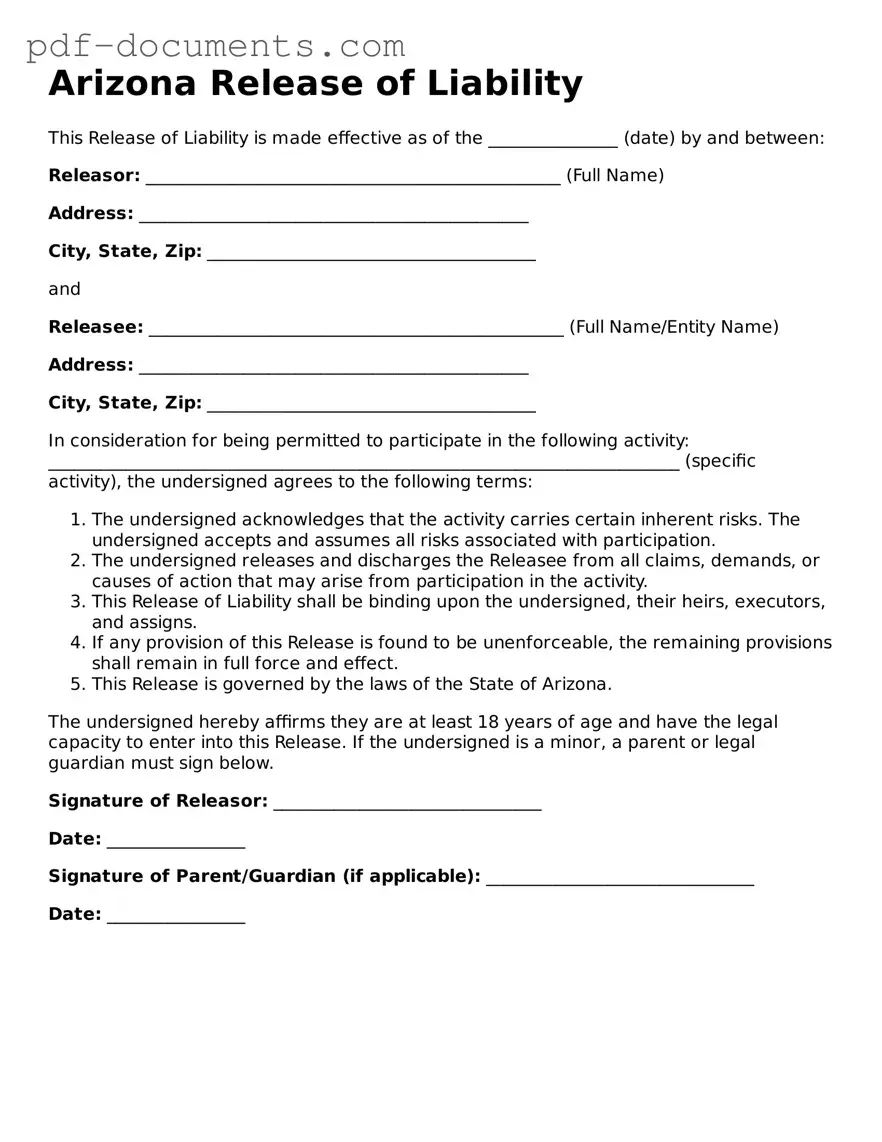 Legal Release of Liability Template for the State of Arizona
