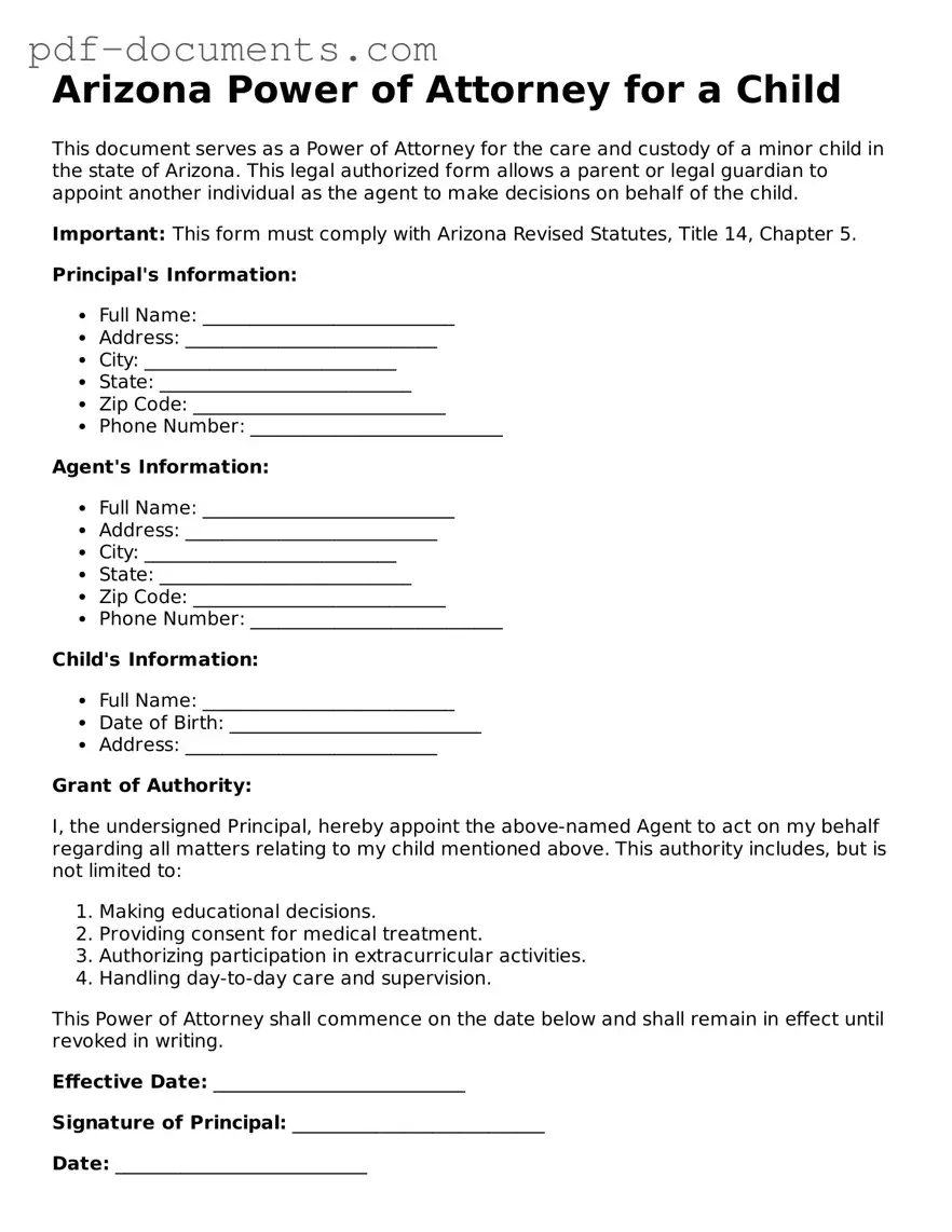 Legal Power of Attorney for a Child Template for the State of Arizona