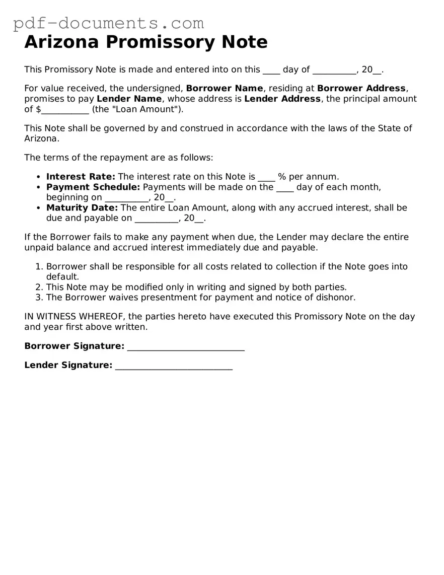 Legal Promissory Note Template for the State of Arizona