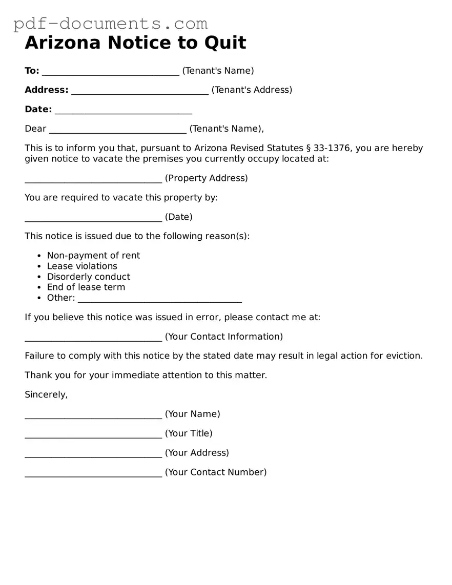 Legal Notice to Quit Template for the State of Arizona