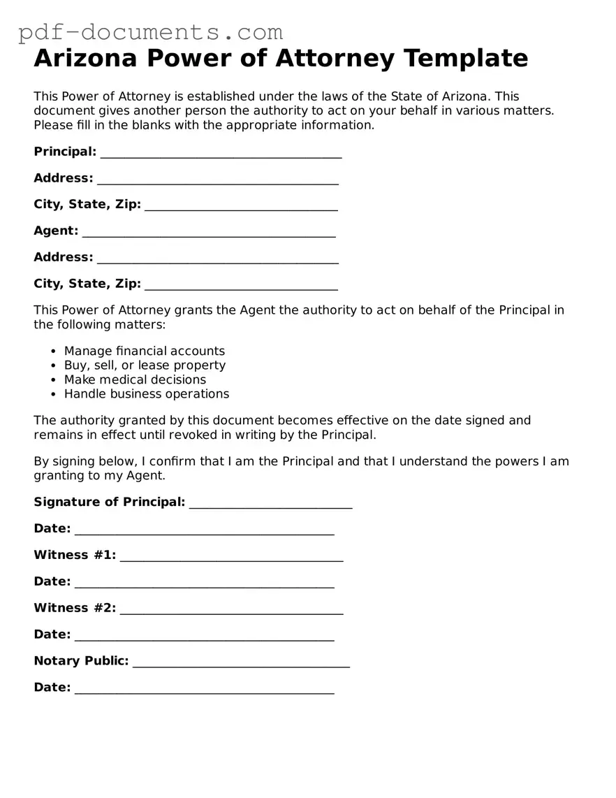 Legal Power of Attorney Template for the State of Arizona