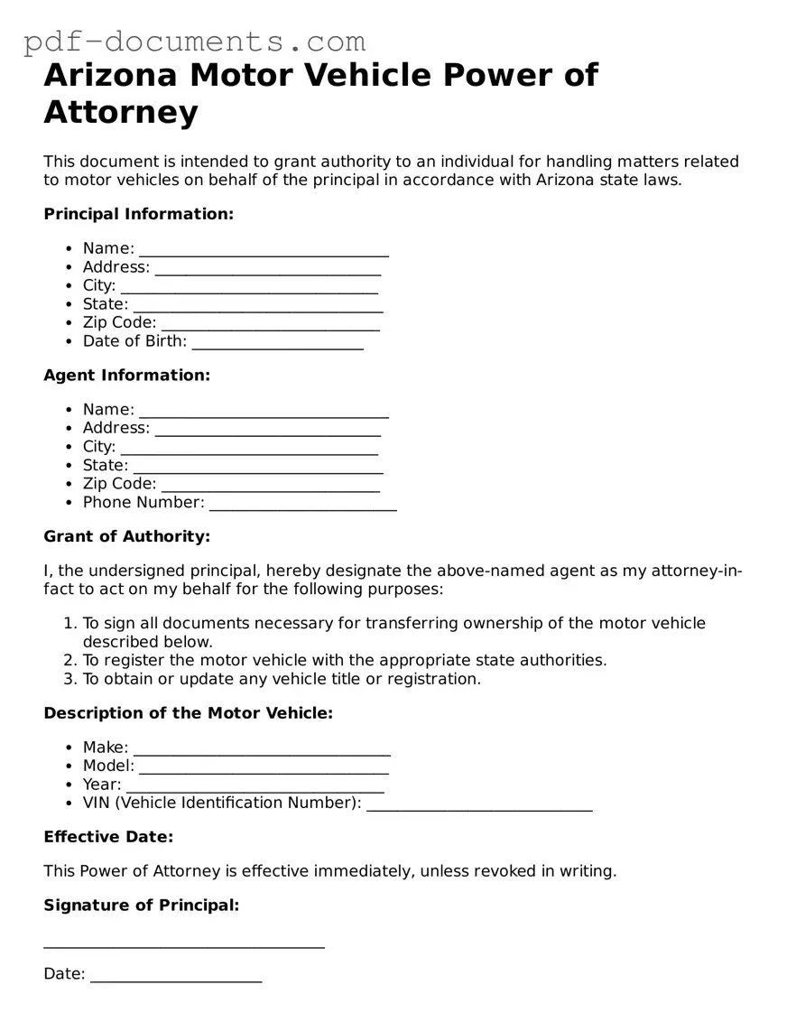 Legal Motor Vehicle Power of Attorney Template for the State of Arizona