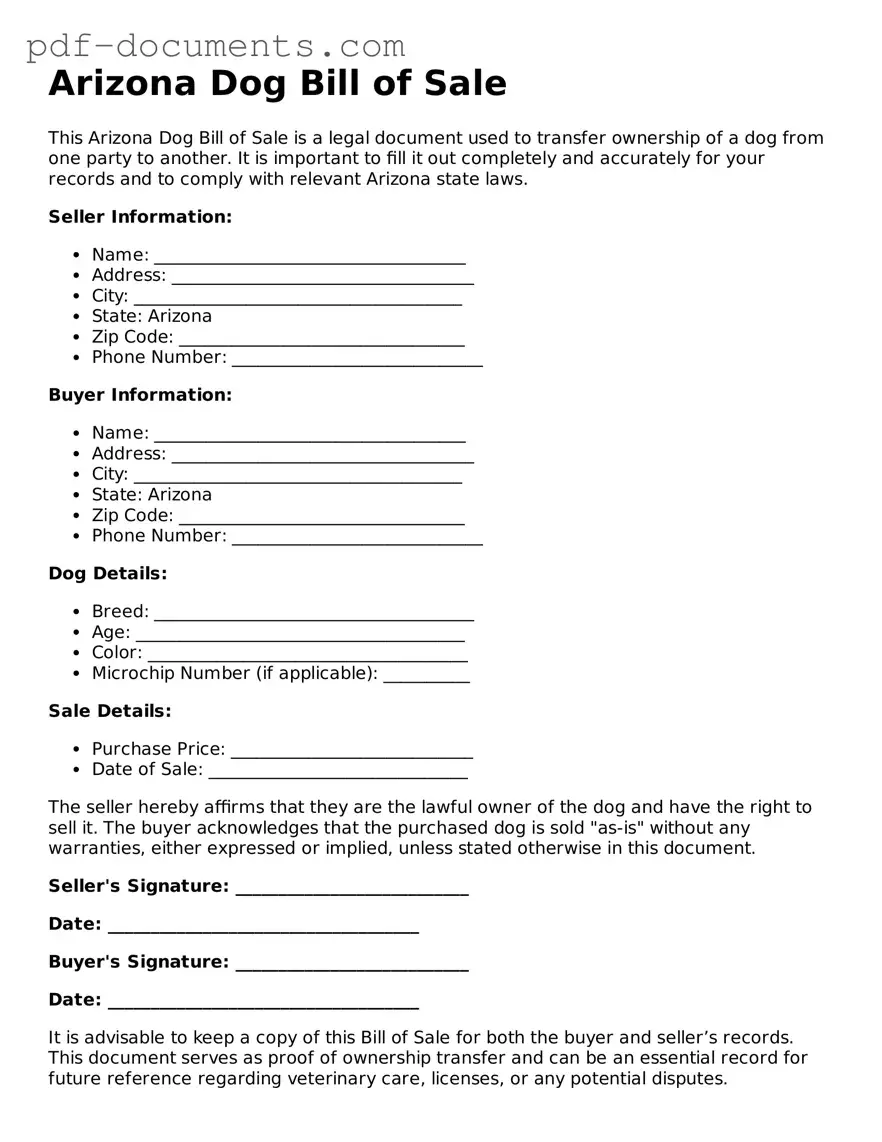 Legal Dog Bill of Sale Template for the State of Arizona