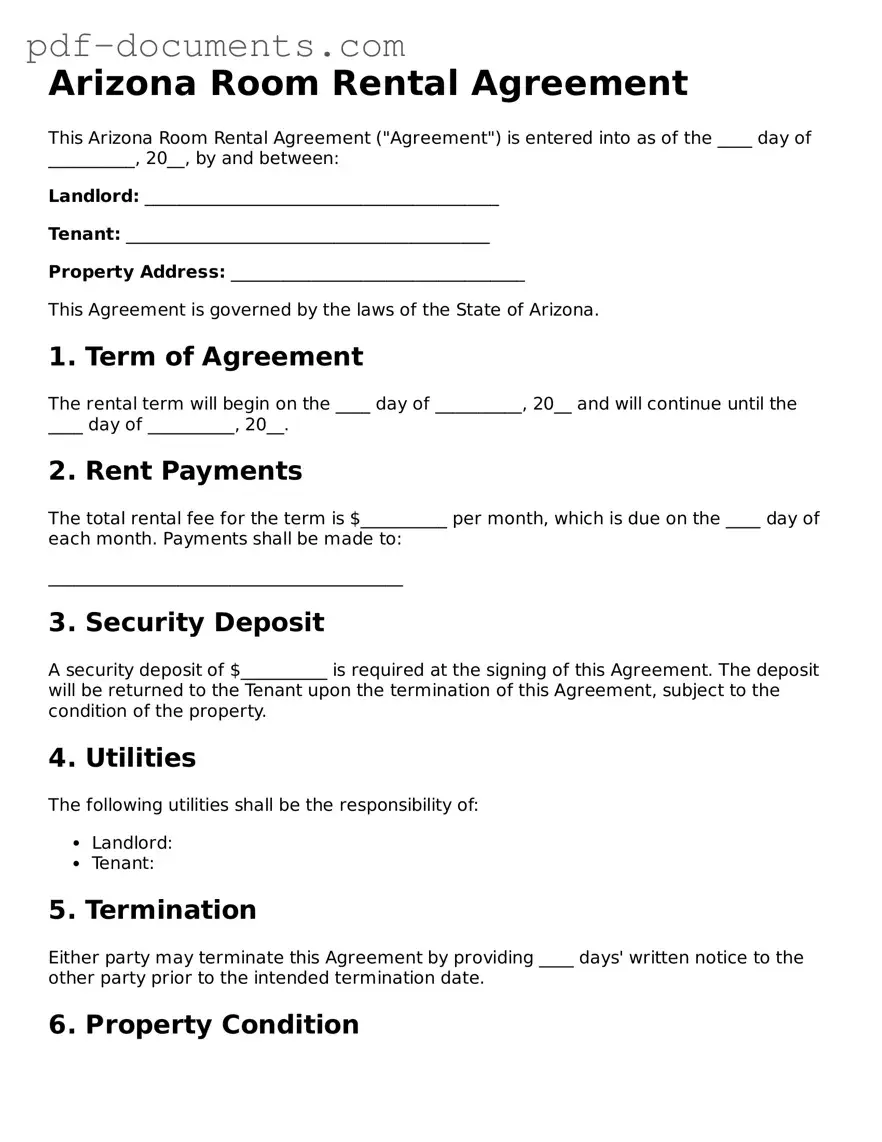 Legal Room Rental Agreement Template for the State of Arizona