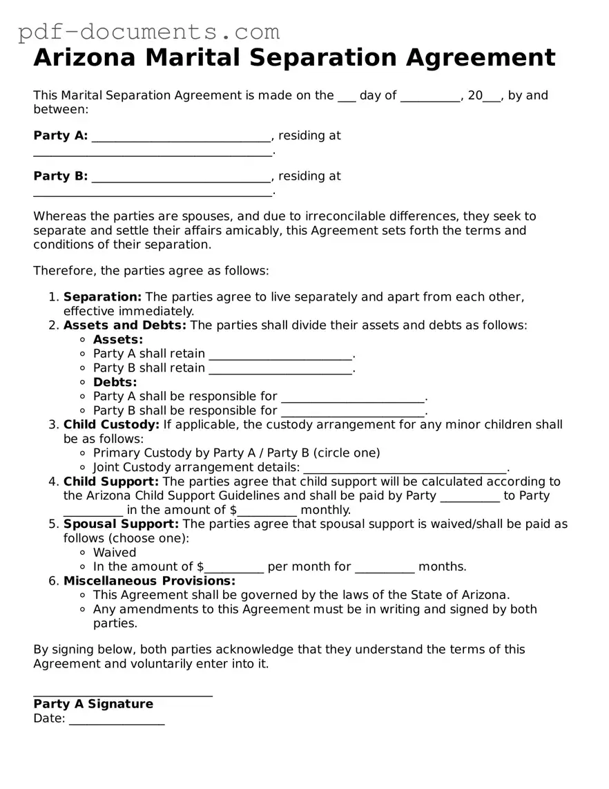 Legal Marital Separation Agreement Template for the State of Arizona