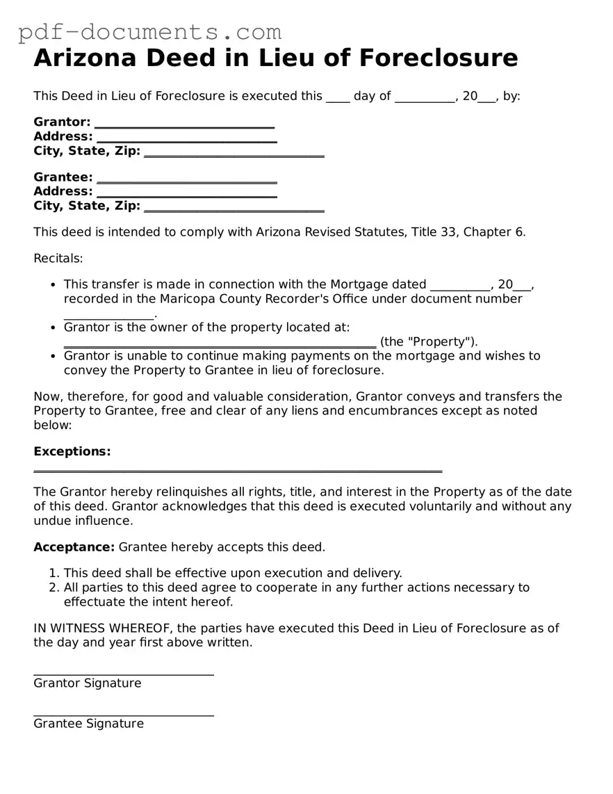 Legal Deed in Lieu of Foreclosure Template for the State of Arizona