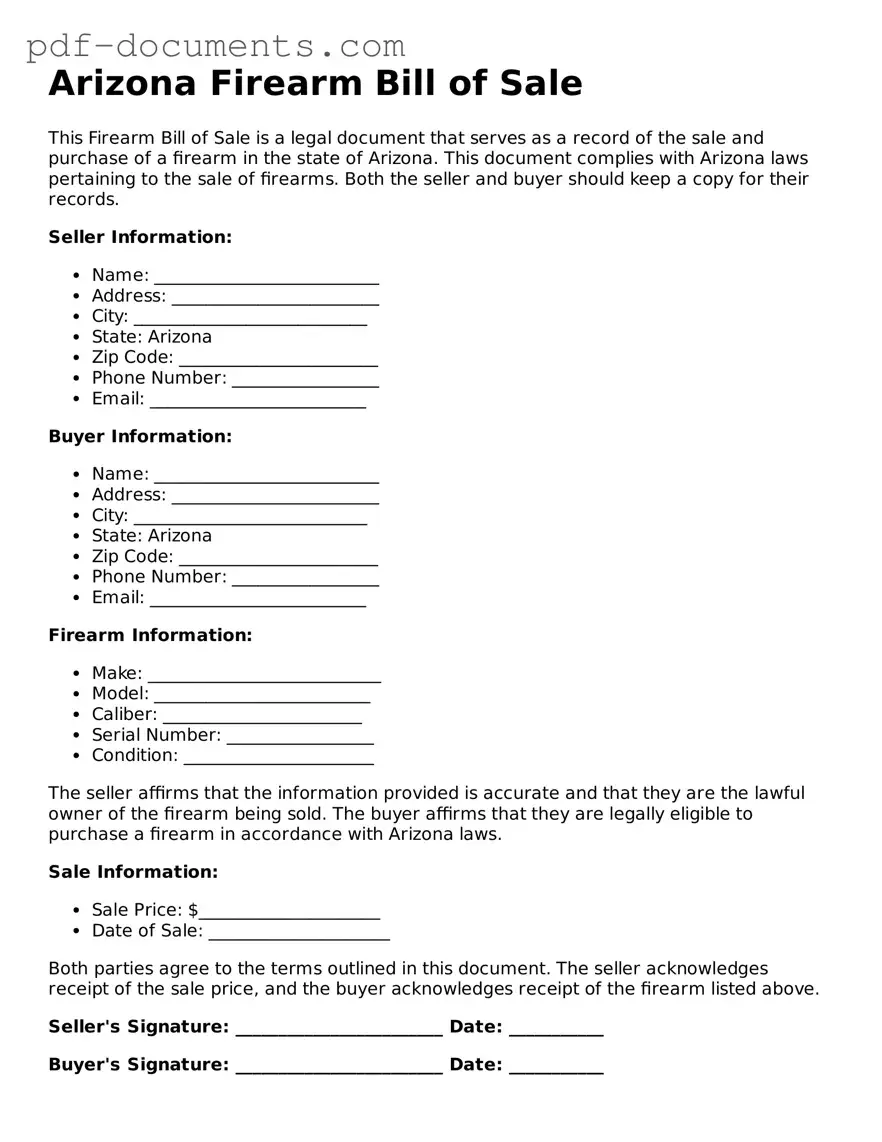 Legal Firearm Bill of Sale Template for the State of Arizona