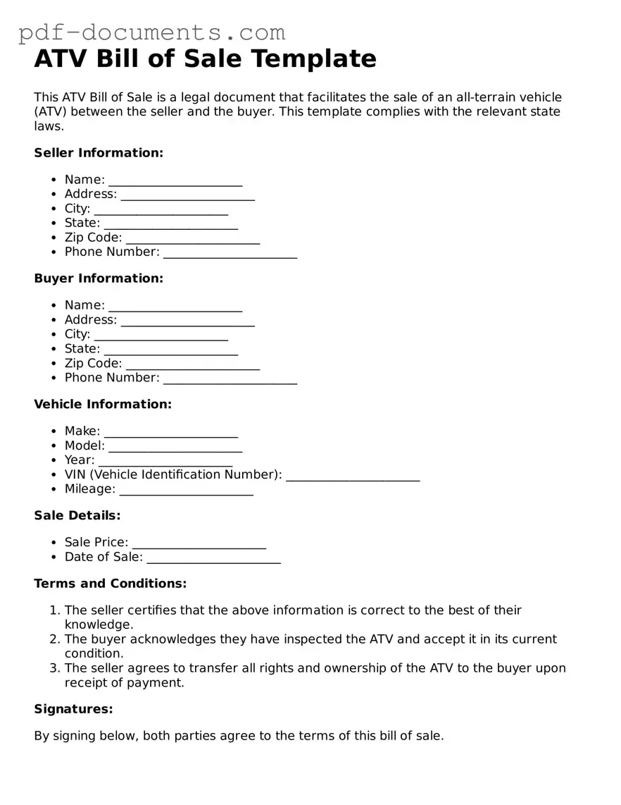Printable ATV Bill of Sale Form