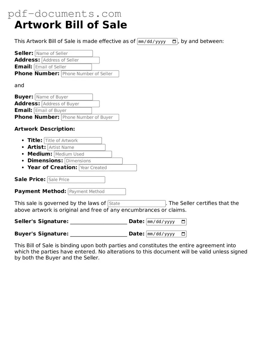 Printable Artwork Bill of Sale Form