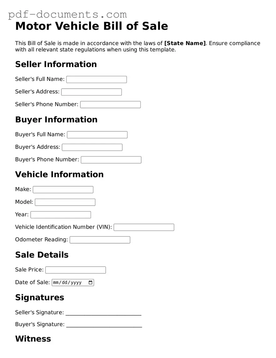Printable Motor Vehicle Bill of Sale Form