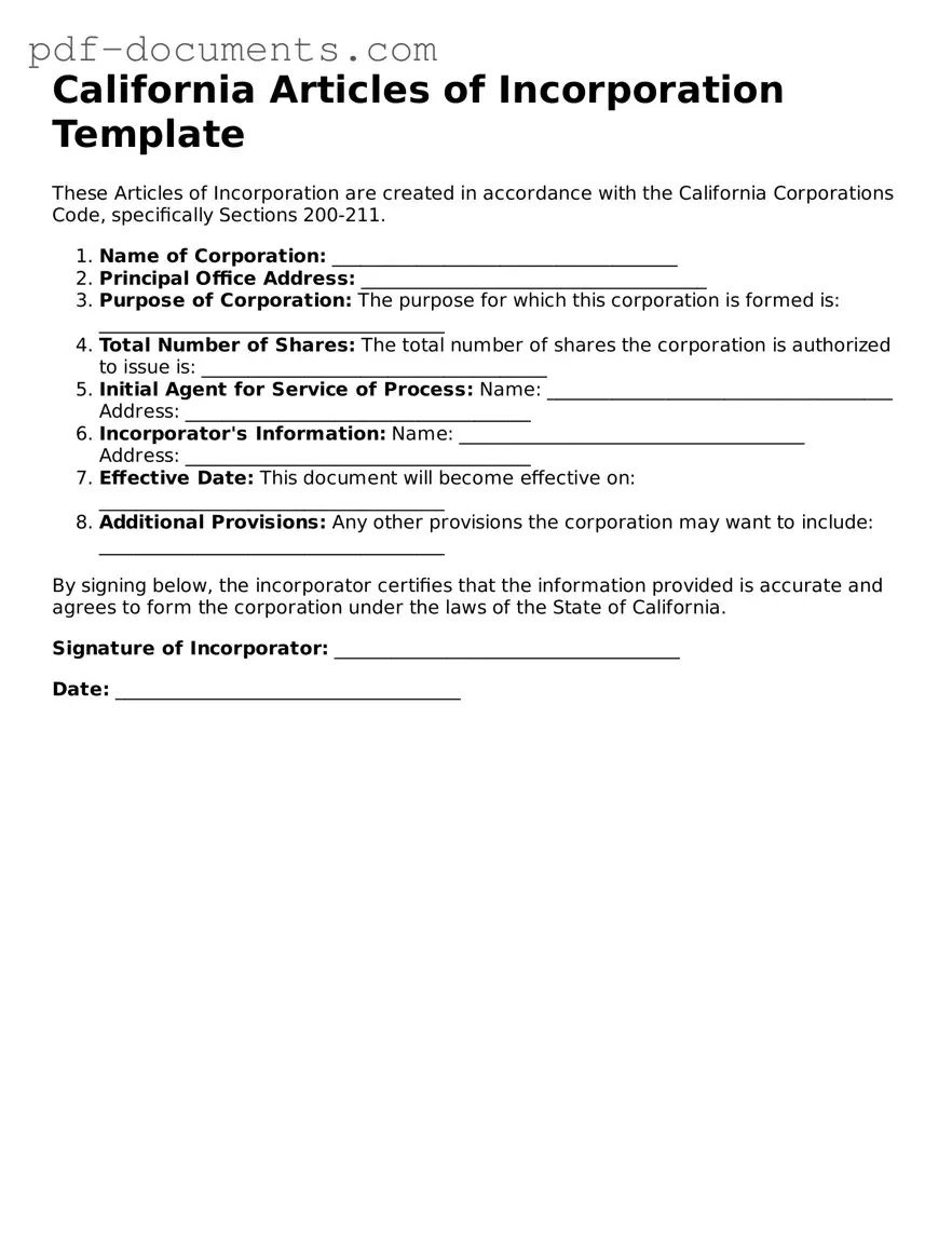 Legal Articles of Incorporation Template for the State of California