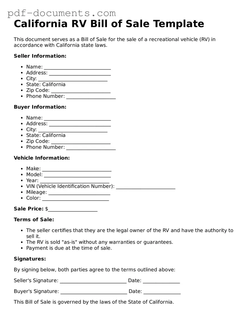 Legal RV Bill of Sale Template for the State of California