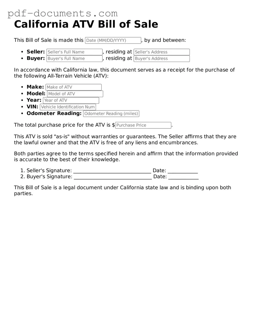 Legal ATV Bill of Sale Template for the State of California