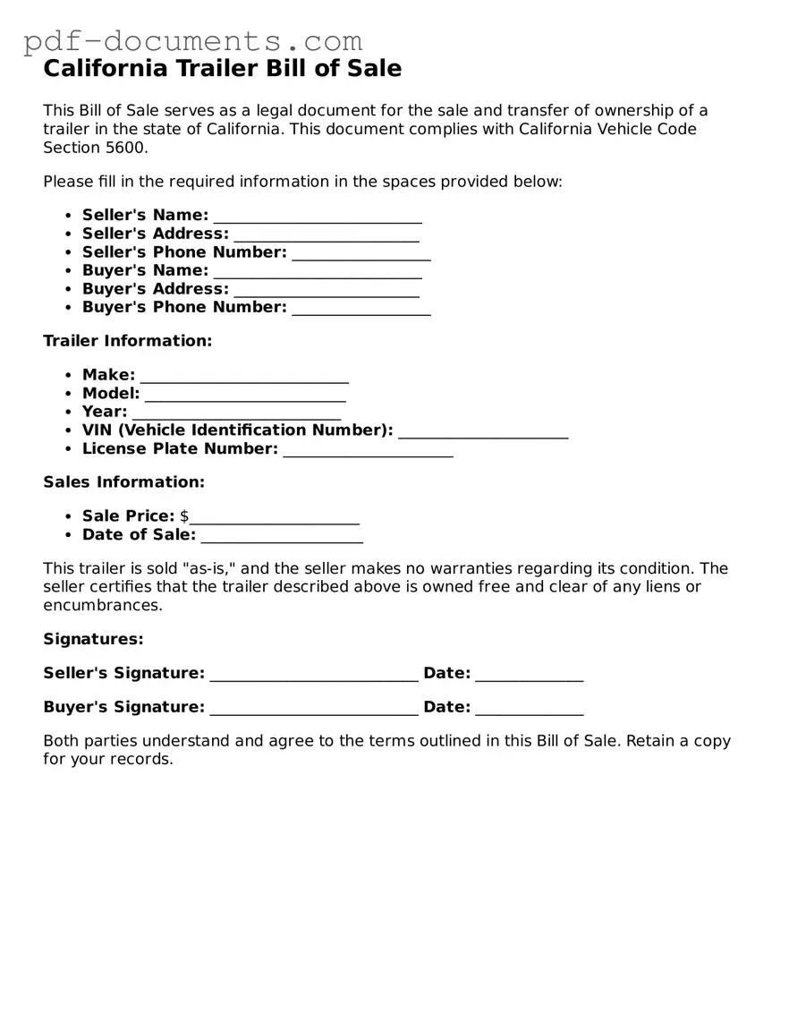 Legal Trailer Bill of Sale Template for the State of California