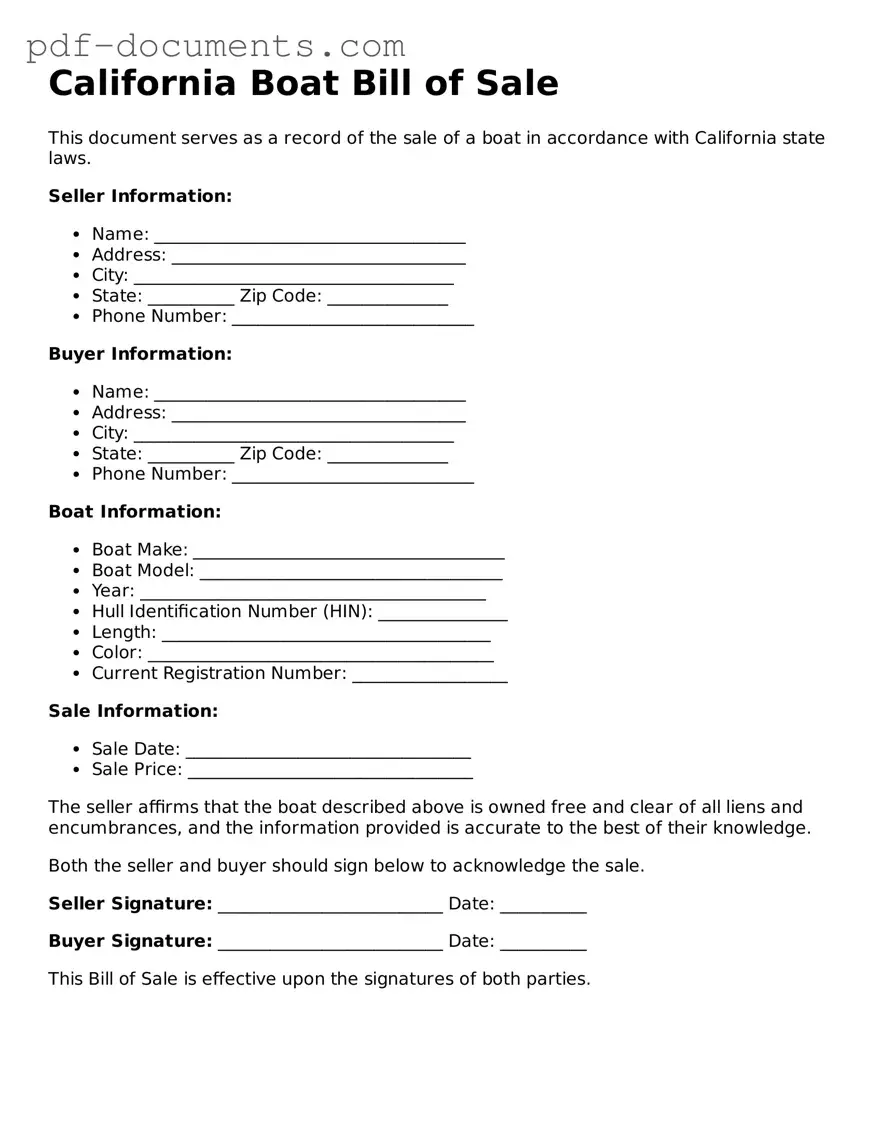 Legal Boat Bill of Sale Template for the State of California