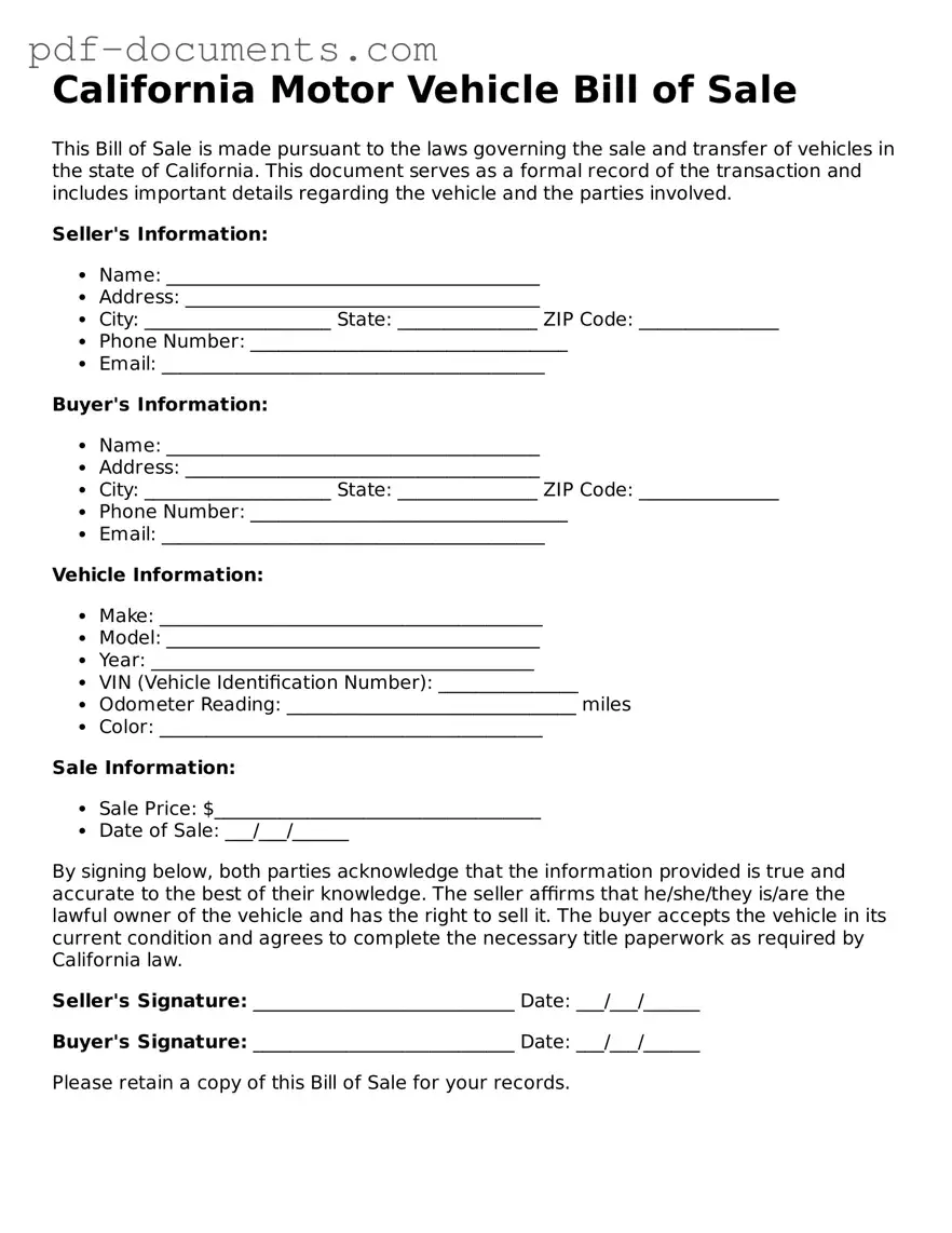 Legal Motor Vehicle Bill of Sale Template for the State of California