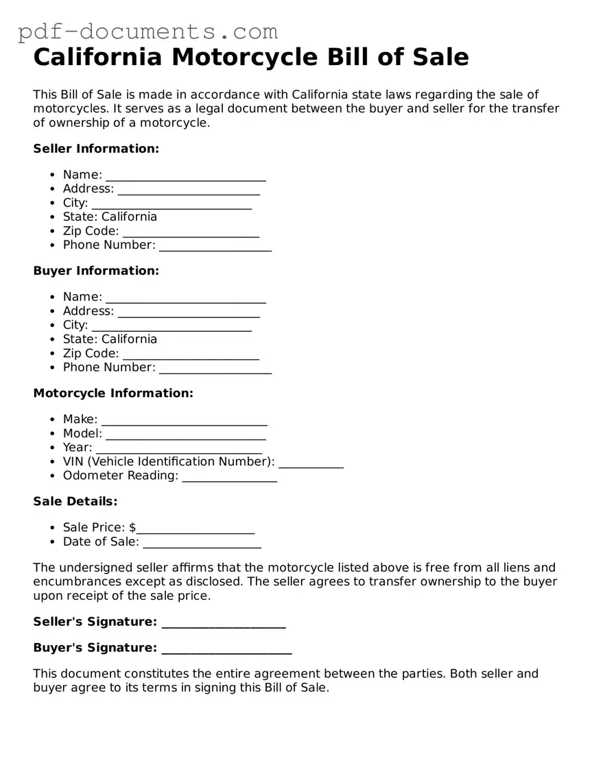 Legal Motorcycle Bill of Sale Template for the State of California