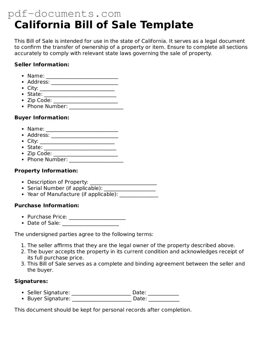 Legal Bill of Sale Template for the State of California