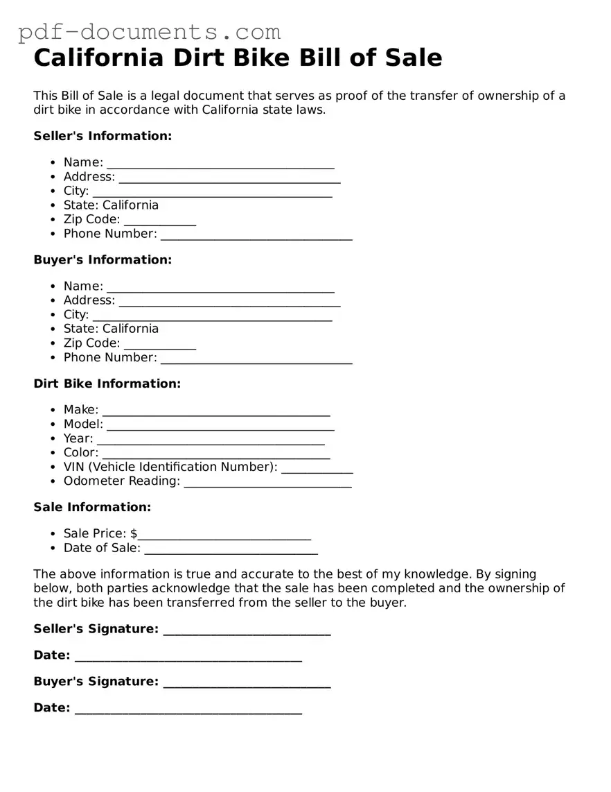 Legal Dirt Bike Bill of Sale Template for the State of California