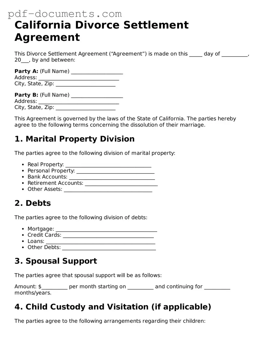 Legal Divorce Settlement Agreement Template for the State of California