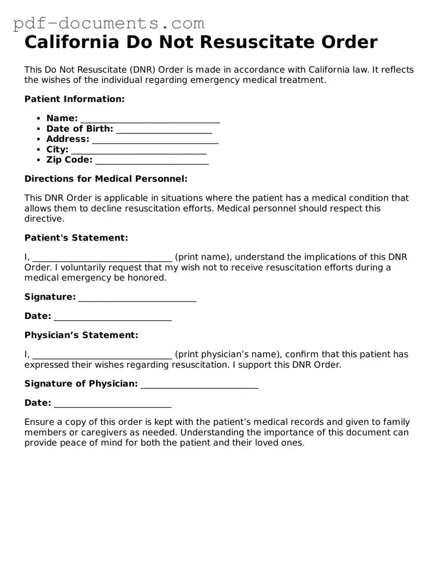 Legal Do Not Resuscitate Order Template for the State of California