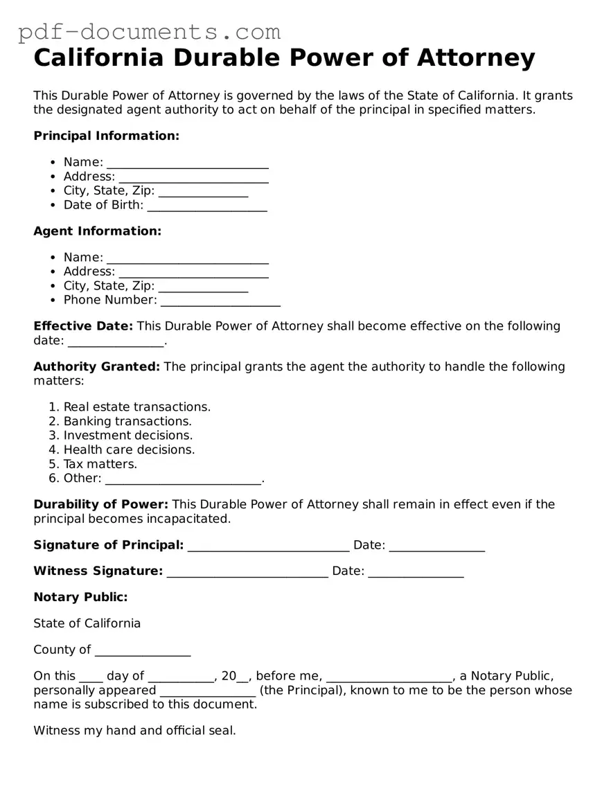 Legal Durable Power of Attorney Template for the State of California