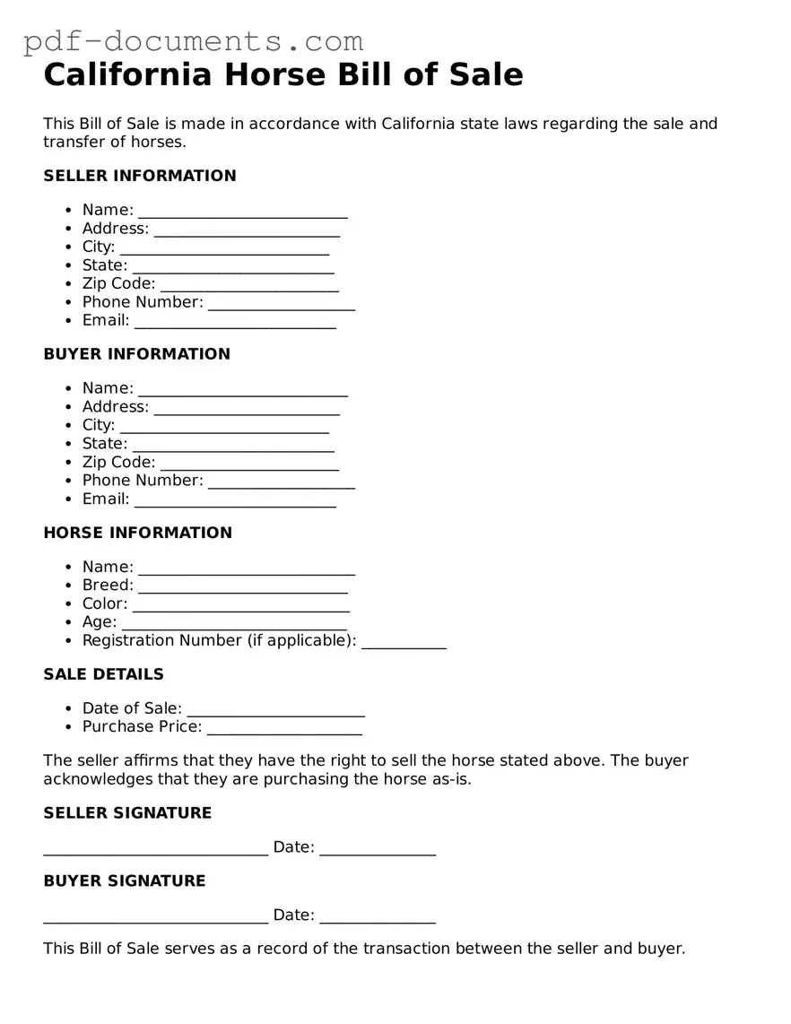Legal Horse Bill of Sale Template for the State of California