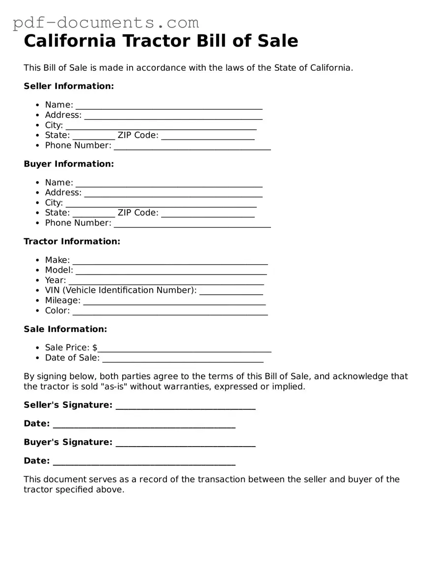 Legal Tractor Bill of Sale Template for the State of California