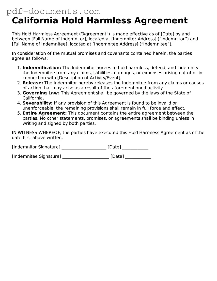Legal Hold Harmless Agreement Template for the State of California