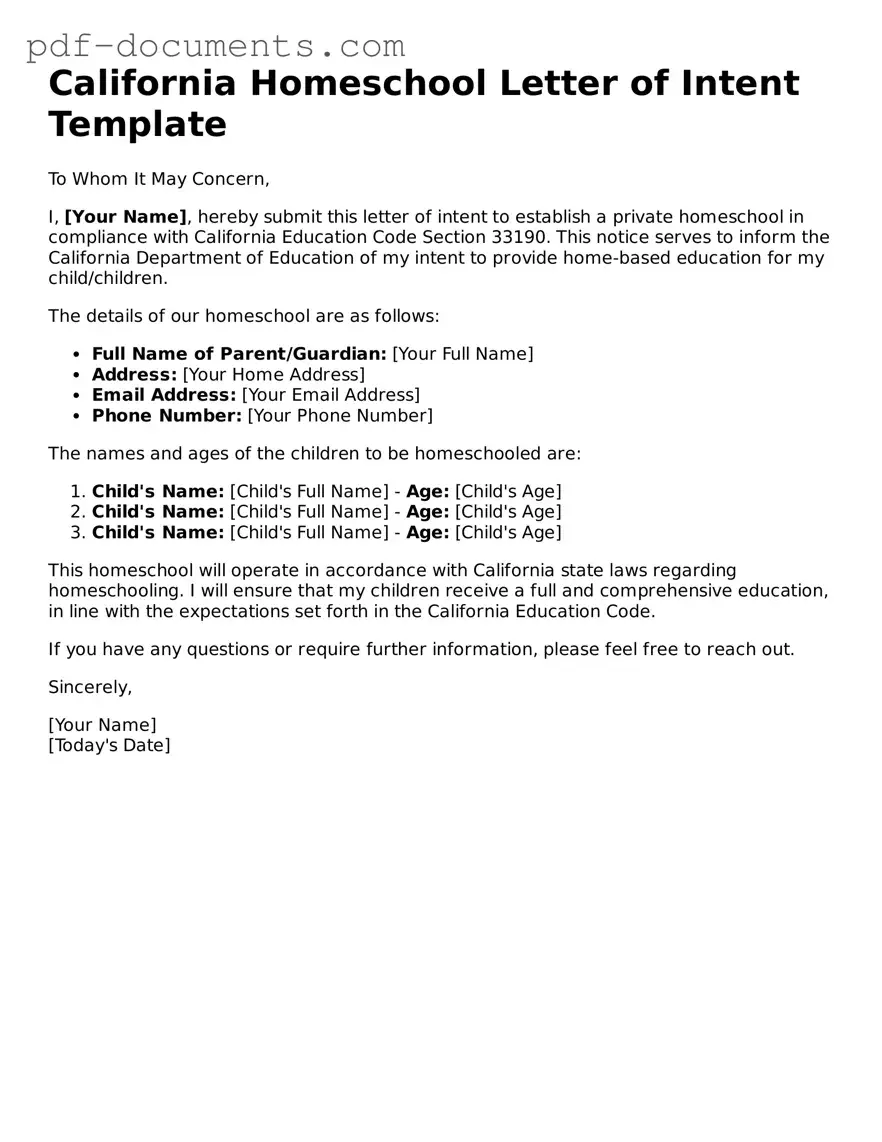 Legal Homeschool Letter of Intent Template for the State of California