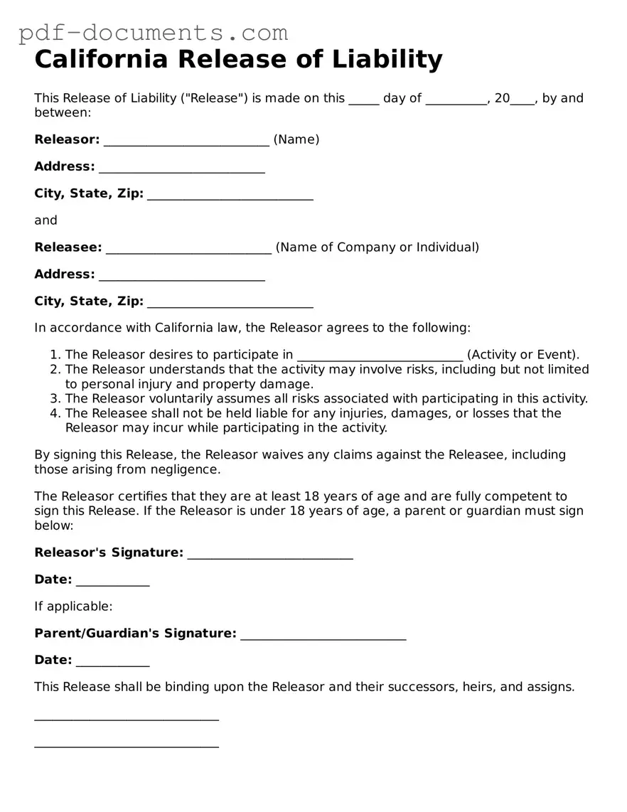 Legal Release of Liability Template for the State of California