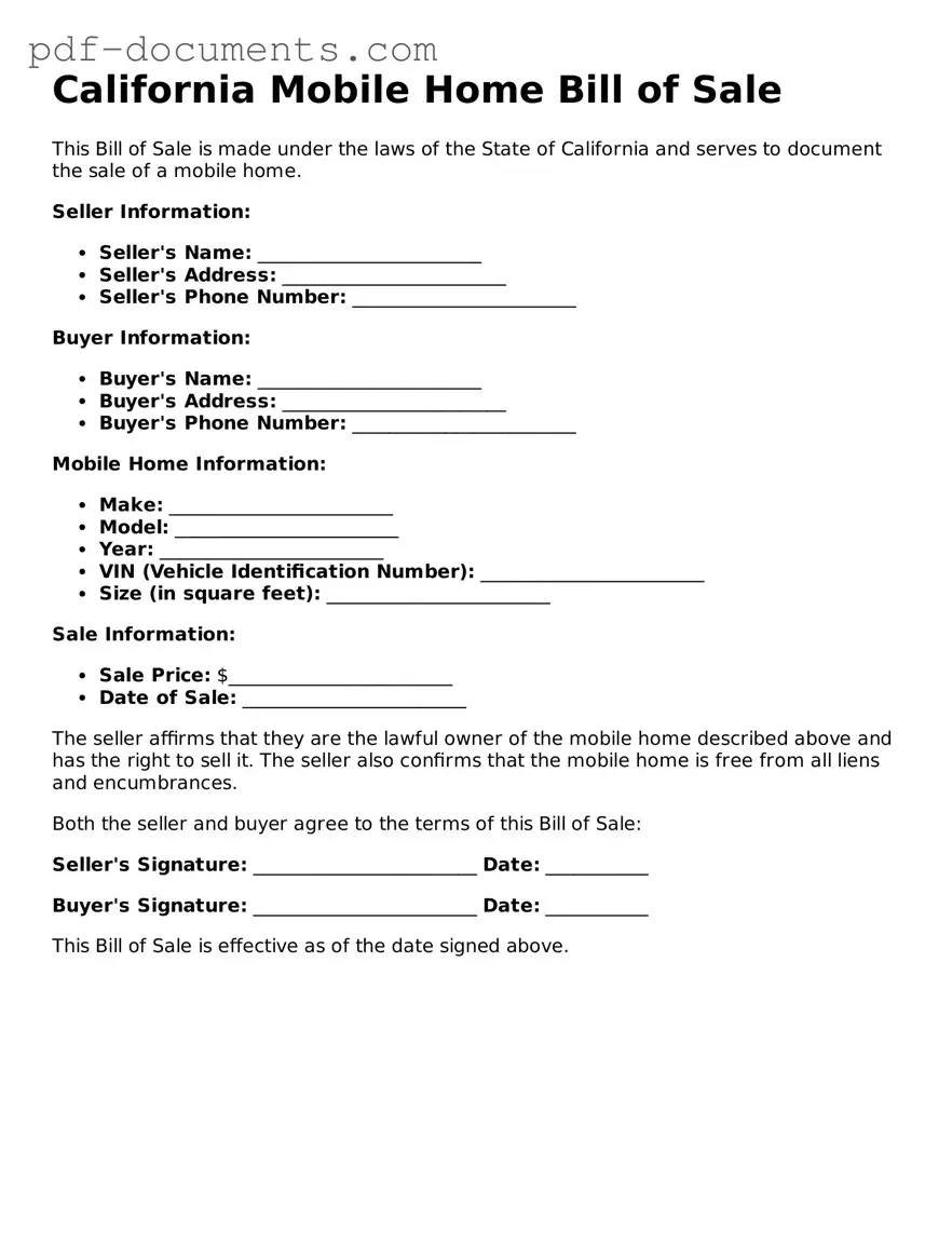 Legal Mobile Home Bill of Sale Template for the State of California