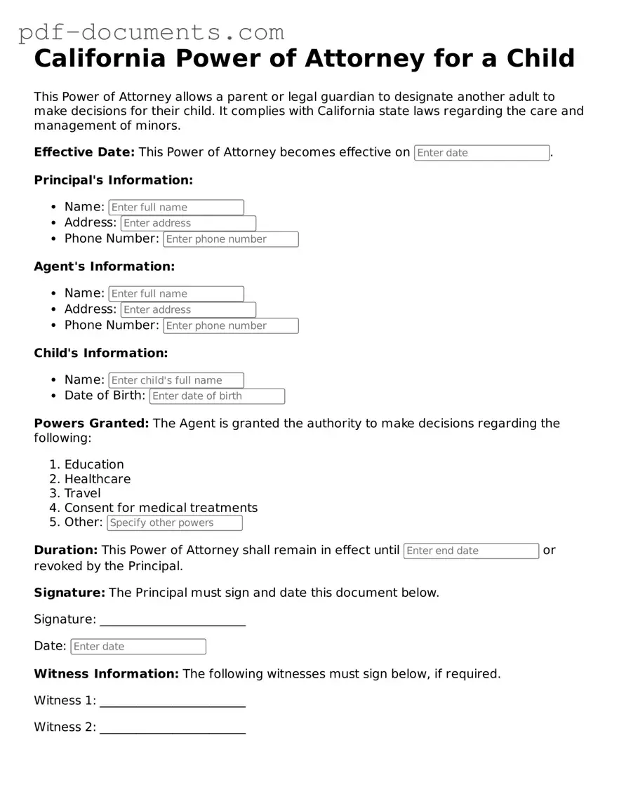 Legal Power of Attorney for a Child Template for the State of California