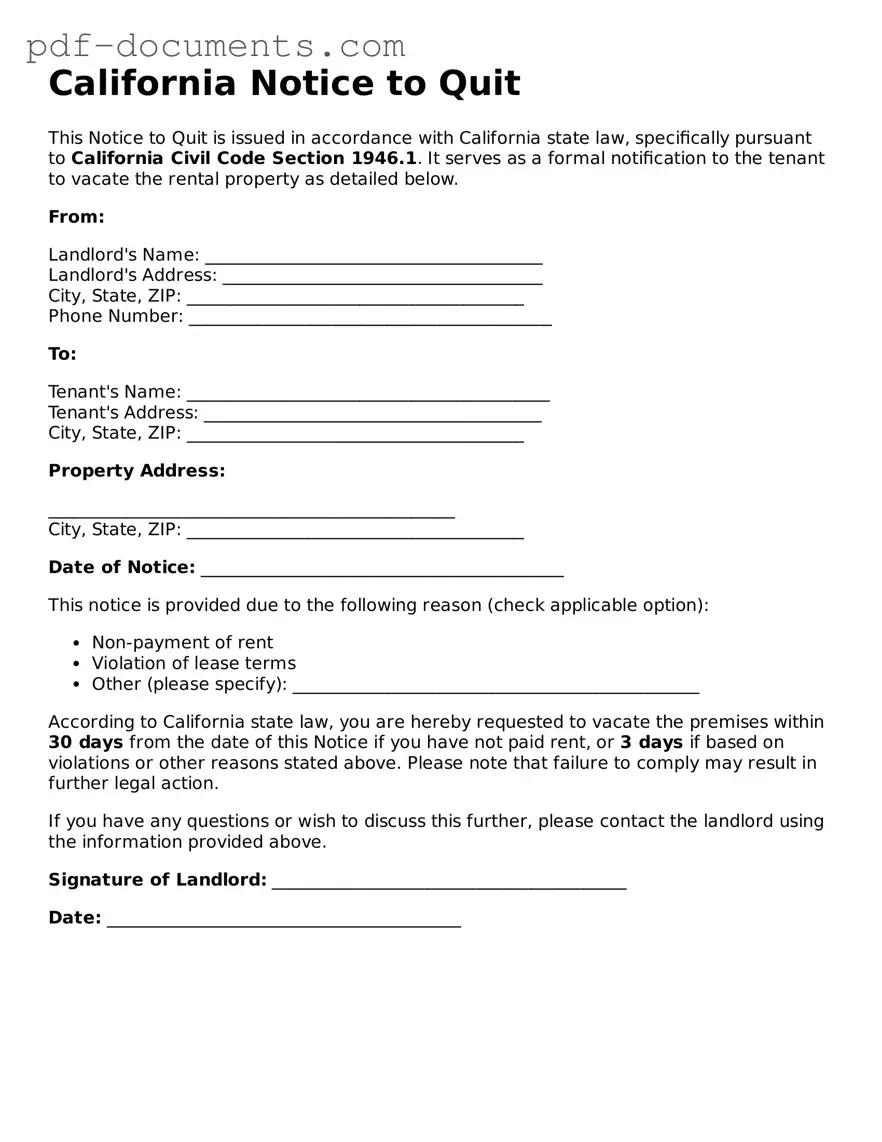 Legal Notice to Quit Template for the State of California