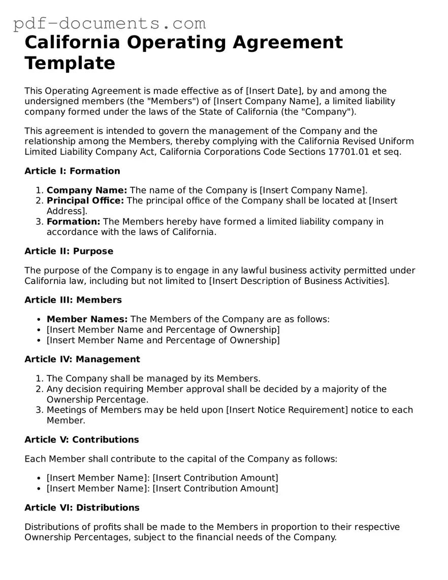 Legal Operating Agreement Template for the State of California