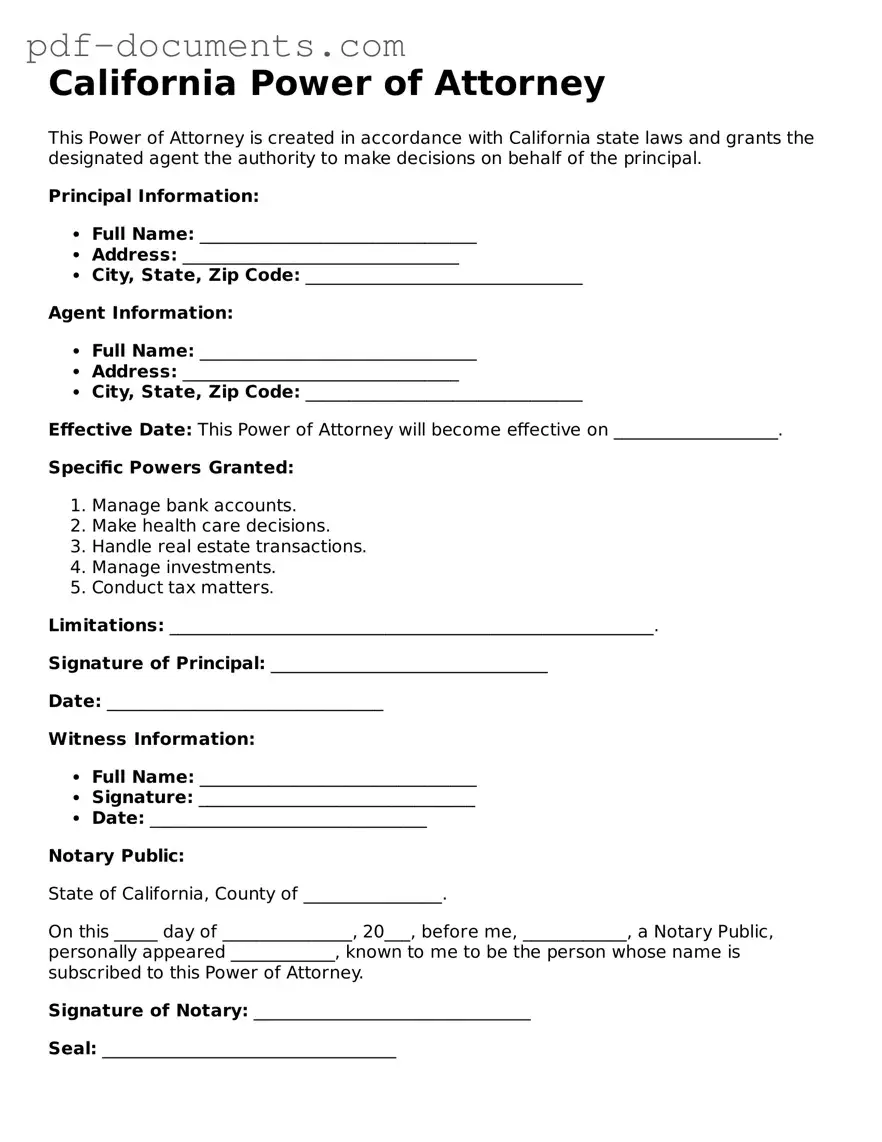 Legal Power of Attorney Template for the State of California